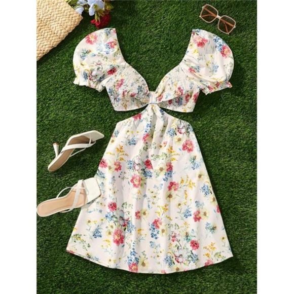 Women's Floral Print Cut Out Waist Vacation Dress Floral Country Dress - Picture 1 of 6